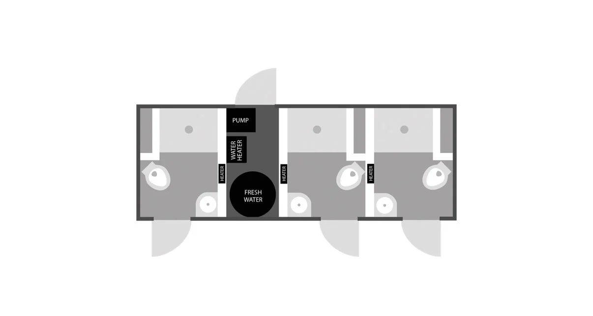Floor plan of Brower Inc. 3-station compact restroom trailer showing three private stalls with flushing toilets and sinks