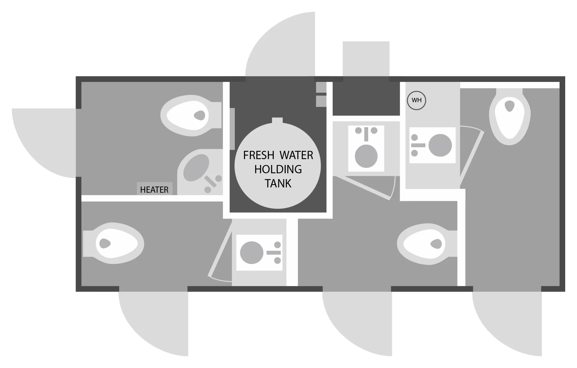 Floor plan of the Brower Inc. 4-door, 4-station restroom trailer showing four private restrooms with sinks and a center fresh water tank