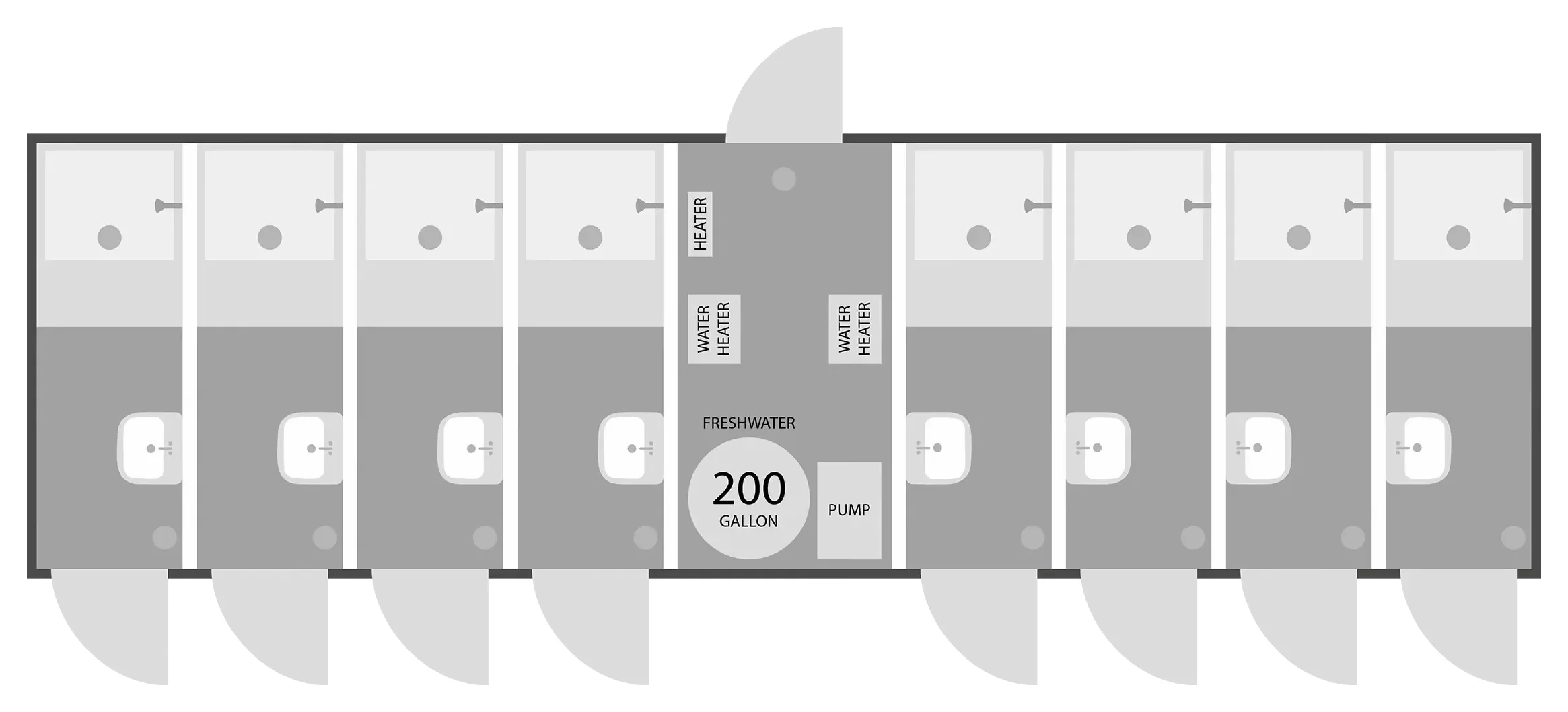 Floor plan of the Brower Inc. 8-door shower trailer showing eight private shower rooms with sinks, water heaters, and a 200-gallon fresh water tank