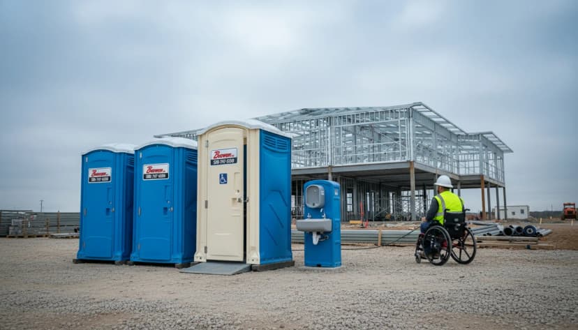 A taller cream-and-blue Brower Inc. ADA-accessible portable restroom on a level gravel pad beside a standard blue porta potty and a hand washing station on an Oklahoma commercial construction site under cool overcast morning light, with a construction worker in a wheelchair and hi-vis vest approaching from the side