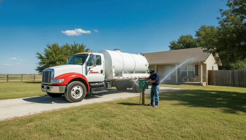 Branded white-and-red Brower Inc. vacuum septic pump truck parked beside a rural Oklahoma ranch home with a green spray-irrigated lawn, a navy-uniformed technician servicing an aerobic septic system control panel in bright daylight