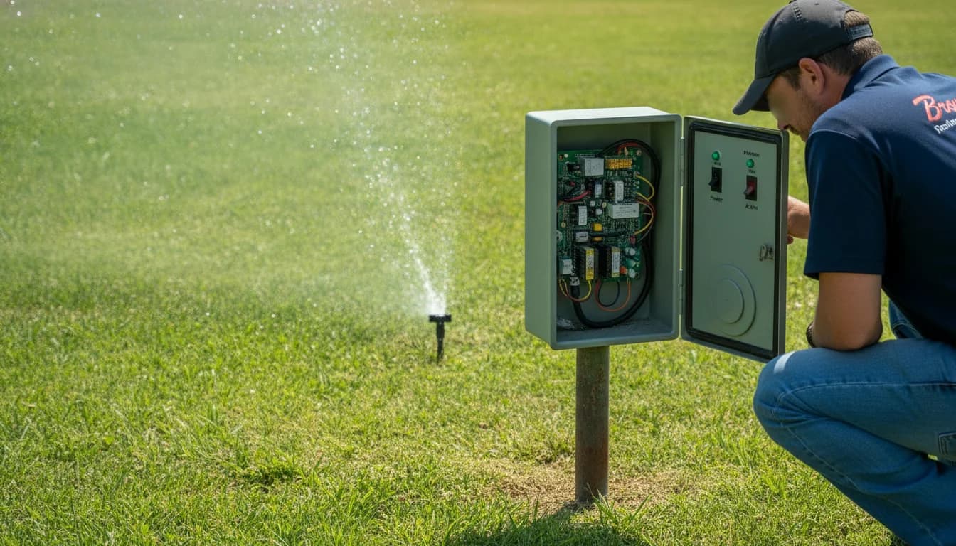 Close-up of an aerobic septic system control and alarm panel with a green spray head misting a residential Oklahoma lawn while a navy-uniformed Brower Inc. technician inspects the unit in clear daylight