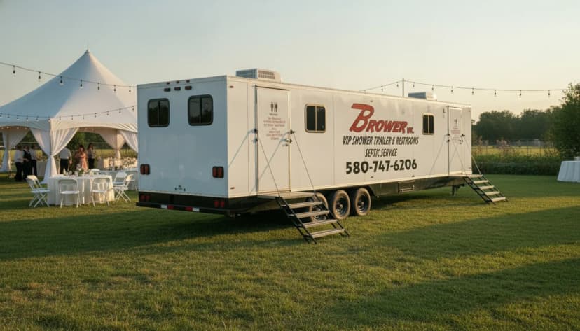 White Brower Inc. luxury restroom trailer parked at an elegant outdoor Oklahoma wedding venue at golden hour, with a white reception tent, string lights, and guests in the soft-focus background