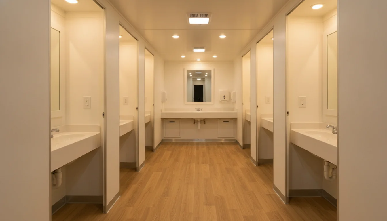 Interior of a Brower Inc. VIP restroom trailer showing private vanity stalls with running-water sinks, large framed mirrors, wood-look flooring, and warm LED lighting