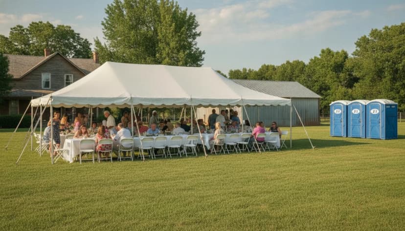 A large family gathering under a shade tent on a rural north-central Oklahoma farm property on a bright summer day, with clean blue Brower Inc. portable restroom units placed discreetly at the edge of the lawn