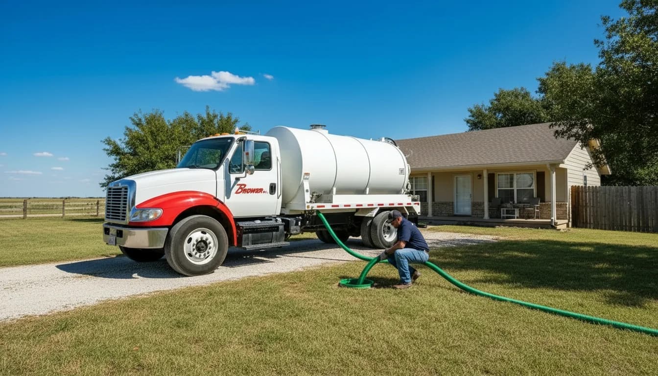 A white-and-red Brower Inc. vacuum septic pump truck parked on a rural Oklahoma property with a navy-uniformed technician kneeling on the lawn connecting a green suction hose to pump a residential septic tank on a clear summer day
