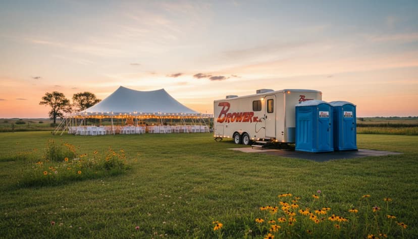 Brower Inc. luxury restroom trailer with two blue porta potties beside a white wedding tent at an Oklahoma outdoor venue at golden hour