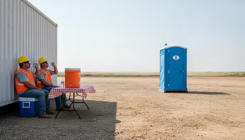 Construction workers taking a water break in the shade of a site trailer on a sun-baked north-central Oklahoma jobsite in intense summer heat, with a clean blue Brower Inc. portable restroom standing across the bare dirt lot nearby