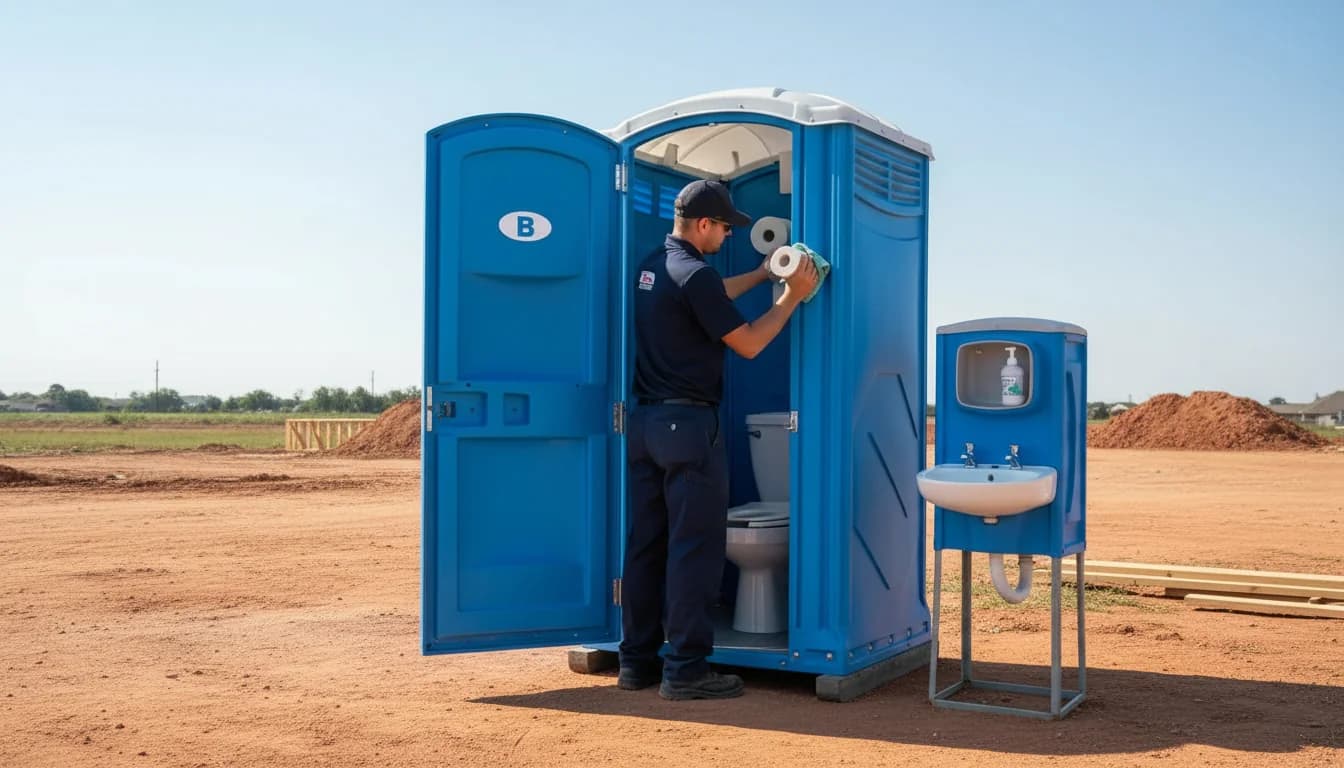 A navy-uniformed Brower Inc. technician restocking and sanitizing a clean blue portable restroom beside a stocked hand washing station on an Oklahoma construction site under bright summer sun