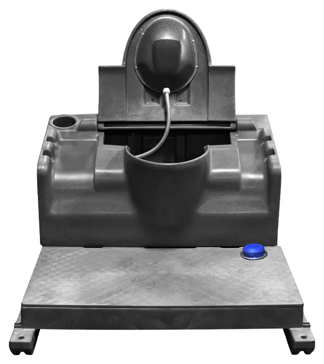 Flush tank inside a deluxe flushable portable toilet with the hands-free foot pump on the floor