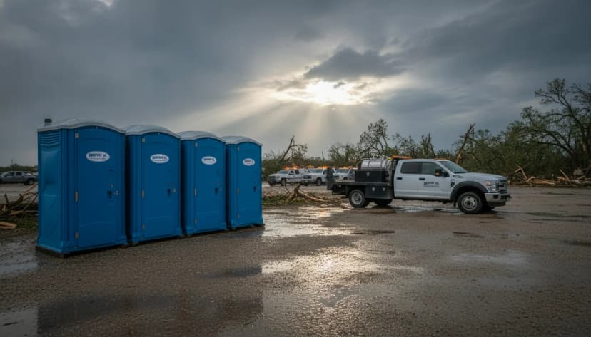 A row of bright blue Brower Inc. portable restrooms being deployed beside a white Brower Inc. flatbed service truck at an Oklahoma storm-disaster staging area under a dramatic clearing post-storm sky with emergency vehicles and storm debris in the background