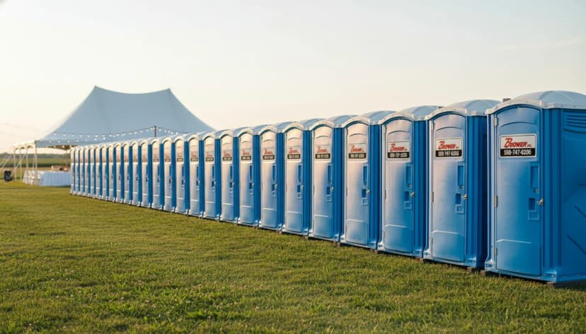 Long perspective row of branded blue Brower Inc. porta potties on freshly cut grass at an outdoor Oklahoma wedding venue with a white peaked tent and warm string lights at golden hour