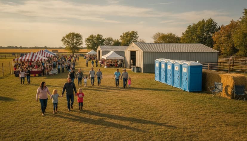 A small-town north-central Oklahoma county fair on a grassy fairground in early autumn golden light, with a neat row of clean bright blue Brower Inc. portable restroom units placed along the edge of the grounds beyond the vendor tents