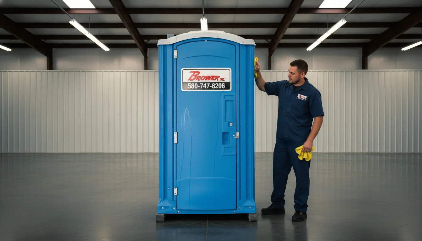 Brower Inc. technician in navy uniform wiping down a freshly-detailed blue porta potty with a microfiber cloth inside a clean industrial warehouse in Newkirk, Oklahoma