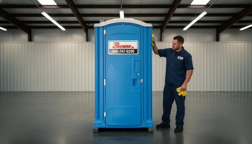 Brower Inc. technician in navy uniform wiping down a freshly-detailed blue porta potty with a microfiber cloth inside a clean industrial warehouse in Newkirk, Oklahoma
