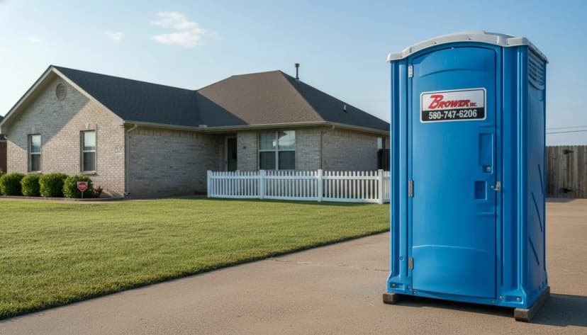 A single clean blue Brower Inc. porta potty on a residential gravel driveway in front of an Oklahoma home in bright morning light