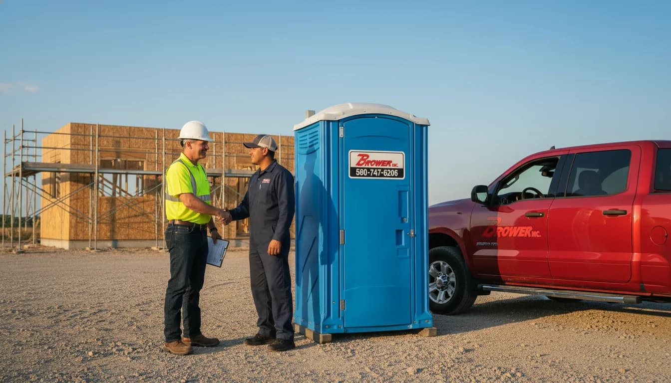 A general contractor in a hi-vis vest and hard hat shaking hands with a Brower Inc. technician beside a clean blue porta potty and a red Brower Inc. service truck on an organized Oklahoma construction site at golden hour