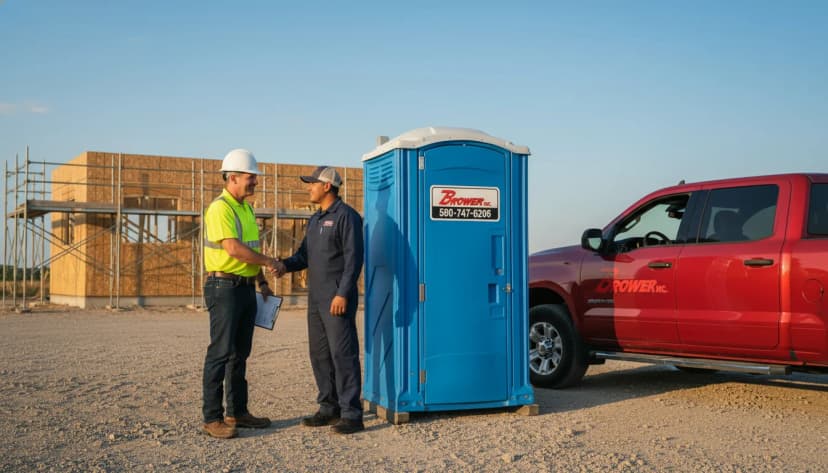A general contractor in a hi-vis vest and hard hat shaking hands with a Brower Inc. technician beside a clean blue porta potty and a red Brower Inc. service truck on an organized Oklahoma construction site at golden hour