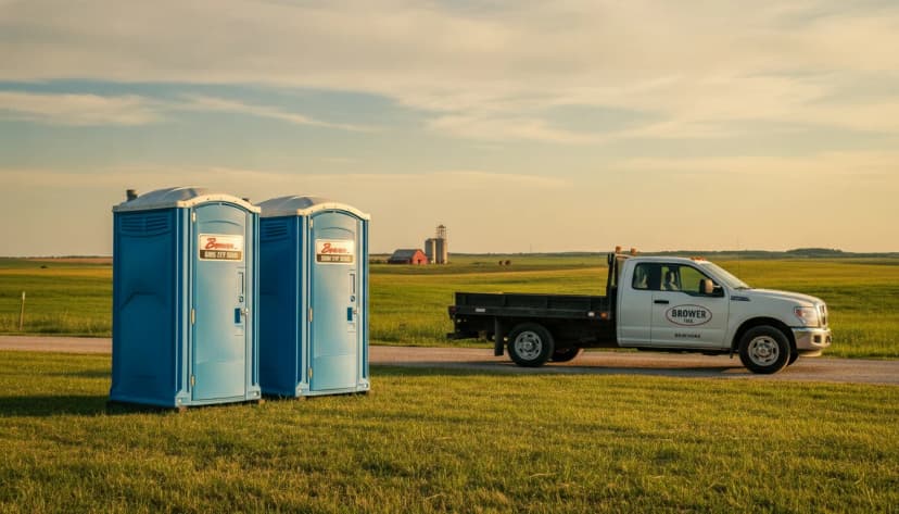 Two clean bright blue Brower Inc. portable restrooms standing beside a white Brower Inc. flatbed service truck on a rural north-central Oklahoma road at golden hour, with a red barn and grain elevator in the distance