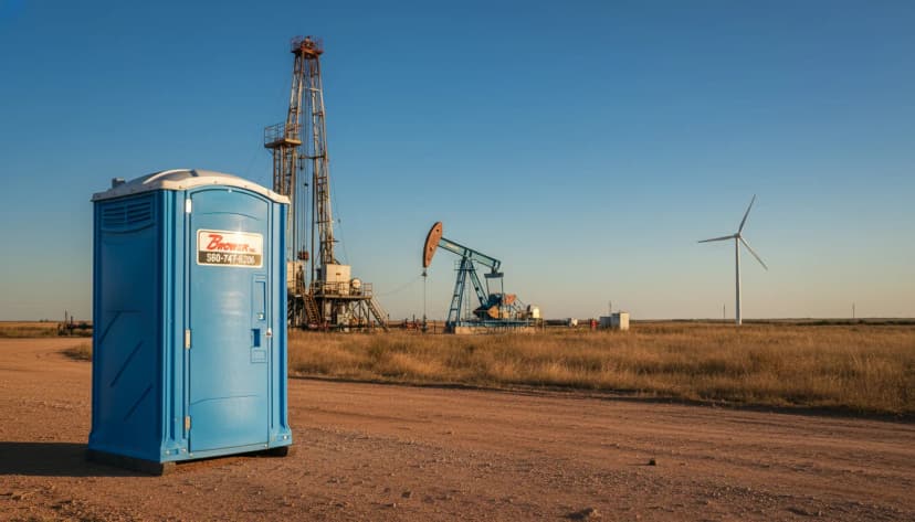 Blue Brower Inc. porta potty in the foreground of an Oklahoma oil and gas site with a drilling rig, pump jack, and a wind turbine on the horizon
