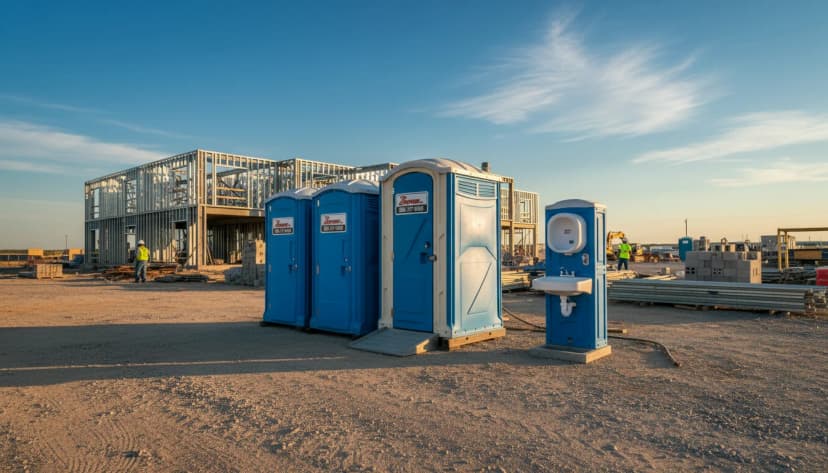 Brower Inc. portable restrooms and a hand washing station on an active Oklahoma construction site with steel framing in the background at golden hour — OSHA 29 CFR 1926.51 sanitation compliance