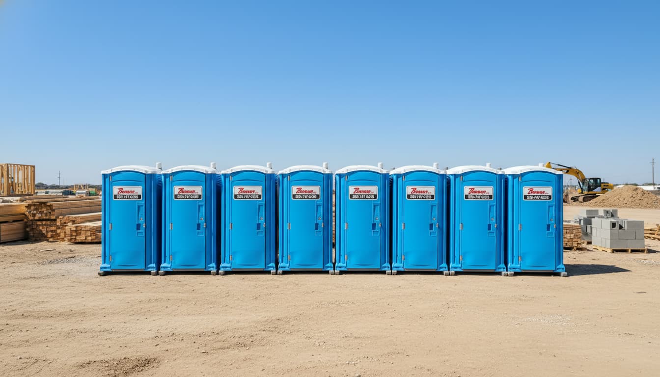 Row of blue Brower Inc. porta potties lined up on an Oklahoma construction site — OSHA 29 CFR 1926.51 compliance calculator cover