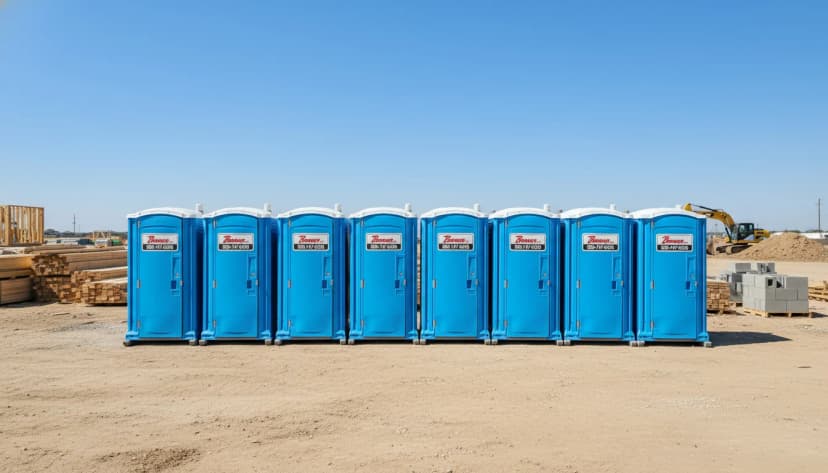 Row of blue Brower Inc. porta potties lined up on an Oklahoma construction site — OSHA 29 CFR 1926.51 compliance calculator cover