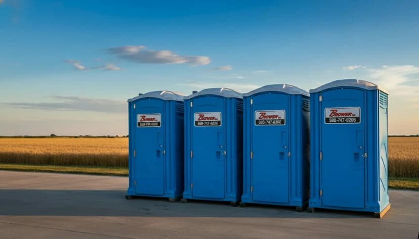 Four Brower Inc. porta potties on a concrete pad in rural Oklahoma with wheat fields and Brower Inc. branding at dusk