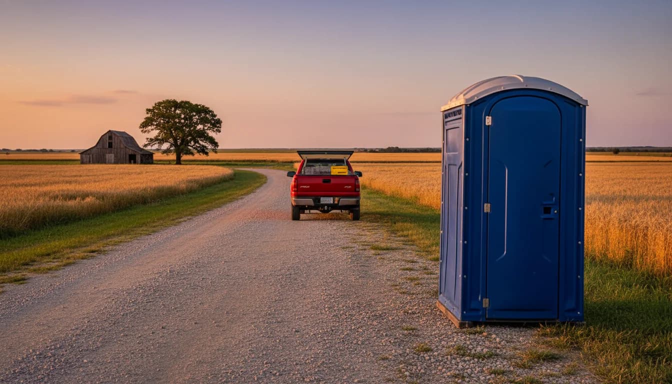 Blue porta potty rental beside a rural Oklahoma gravel road with a red service pickup at golden hour near Newkirk