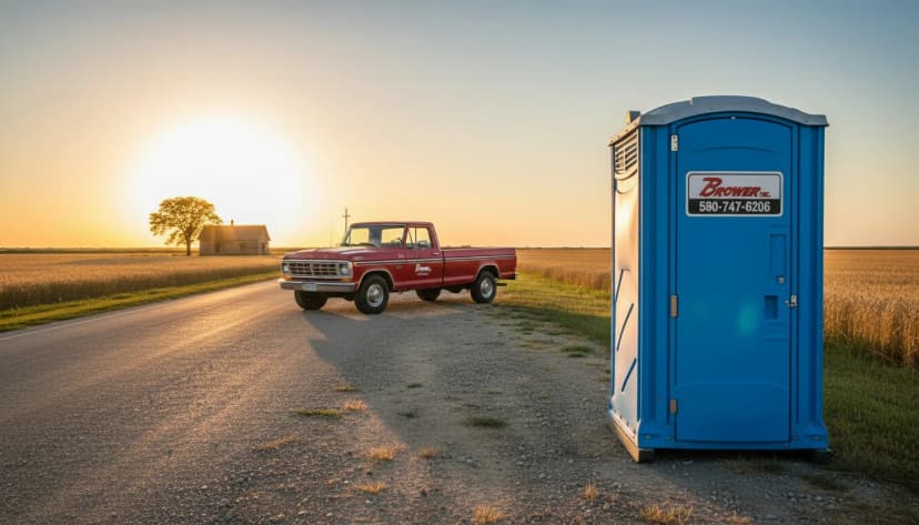 Blue porta potty beside a rural Oklahoma gravel road with a red service pickup at golden hour