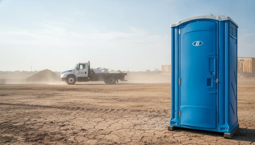 A lone blue Brower Inc. porta potty baking in harsh midday sun on a dusty north-central Oklahoma construction site with visible heat shimmer, a white Brower Inc. flatbed service truck arriving in the background under a bright summer sky