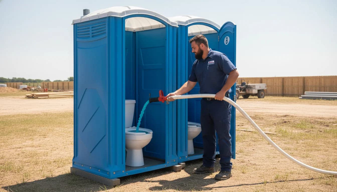 A navy-uniformed Brower Inc. technician vacuum-servicing and restocking a blue porta potty on an Oklahoma jobsite in intense summer heat, adding a fresh blue deodorizer charge to the tank