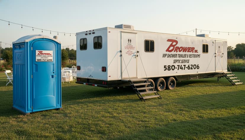 Blue Brower Inc. porta potty next to a white luxury restroom trailer at an outdoor Oklahoma wedding venue — side-by-side comparison cover
