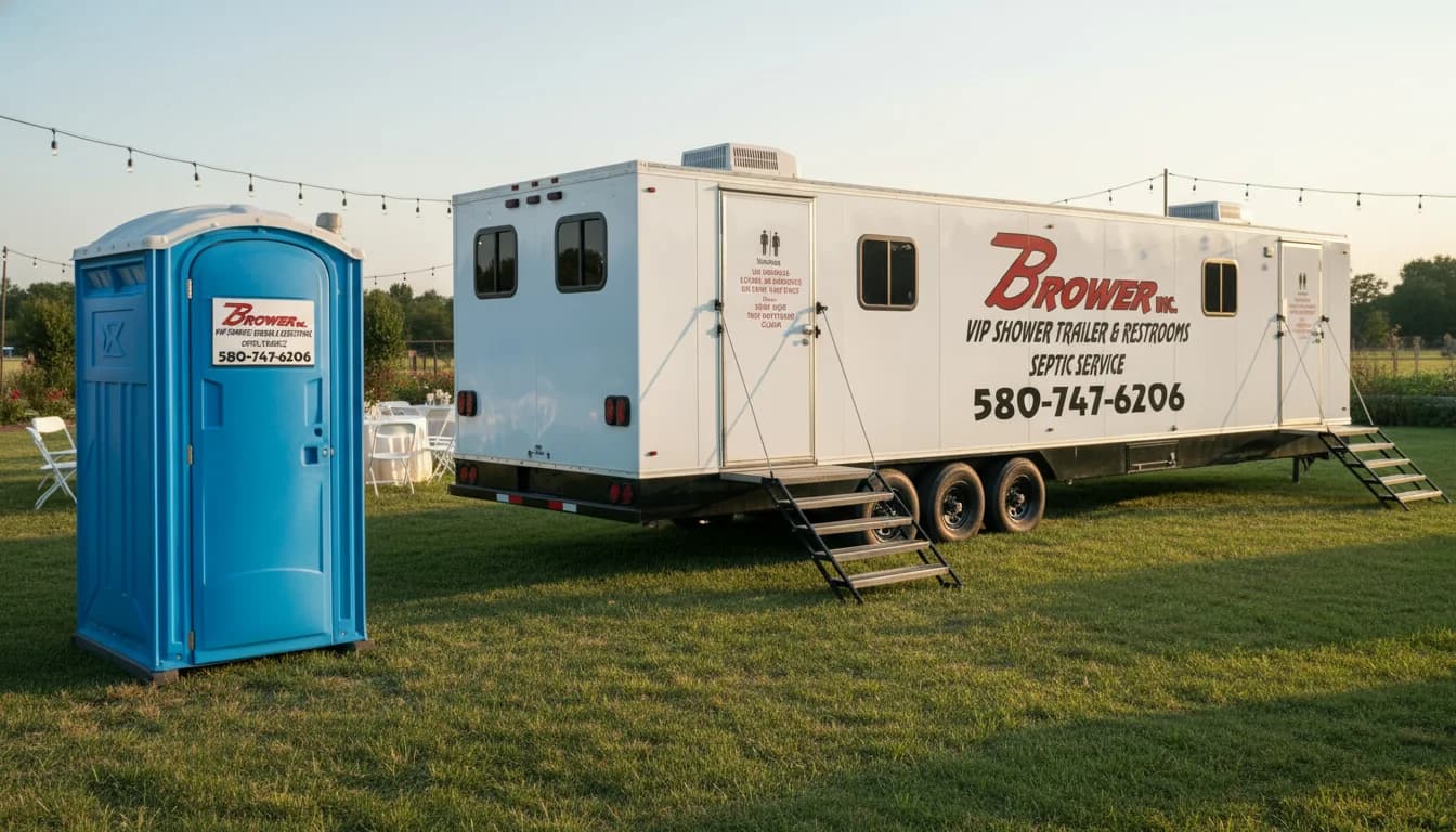 Blue Brower Inc. porta potty unit next to a white luxury restroom trailer at an outdoor Oklahoma wedding venue — side-by-side comparison cover