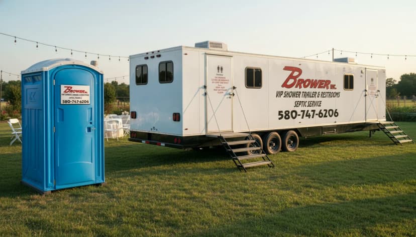 Blue Brower Inc. porta potty next to a white luxury restroom trailer at an outdoor Oklahoma wedding venue — side-by-side comparison cover