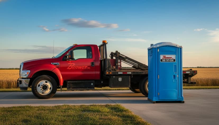 Red Brower Inc. flatbed service truck staged beside a freshly-delivered blue porta potty on a concrete pad at an Oklahoma property at sunrise
