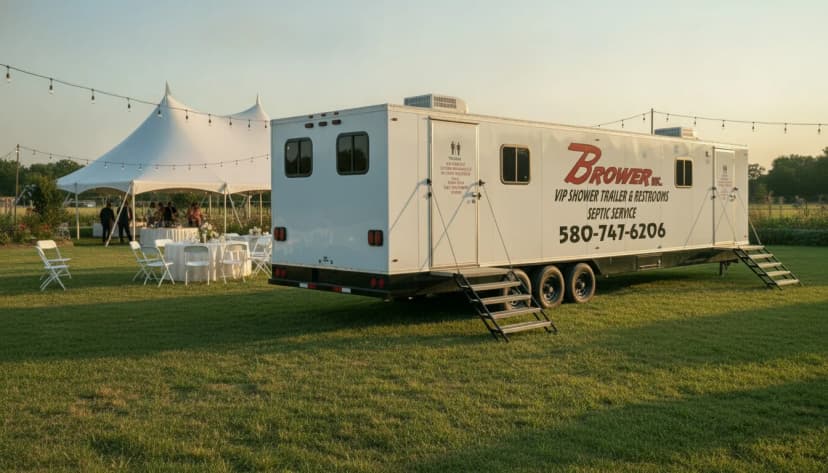 White Brower Inc. luxury restroom trailer parked at an elegant outdoor Oklahoma wedding venue at golden hour, with a white reception tent, string lights, and guests in the soft-focus background