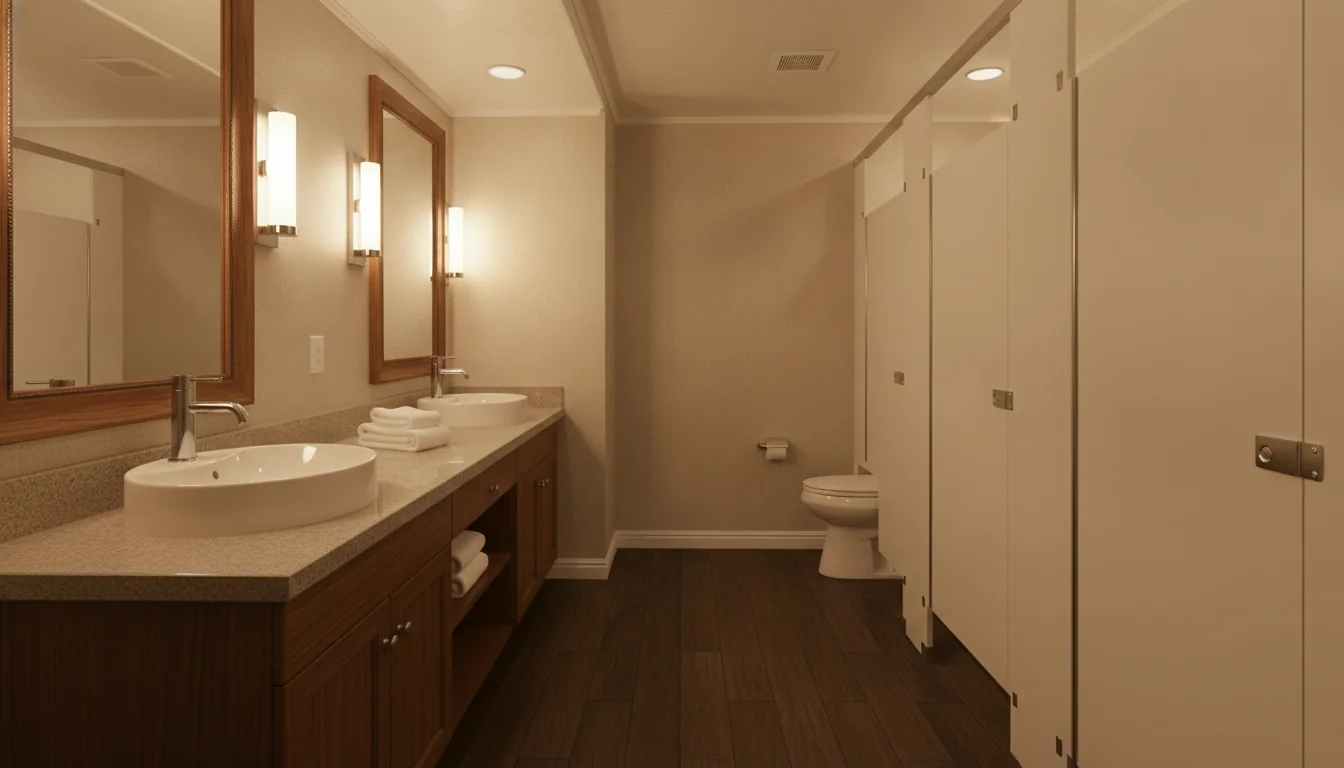Interior of a Brower Inc. luxury restroom trailer showing a clean wood-look vanity with two sinks, framed mirrors, warm lighting, and private flushing-toilet stalls