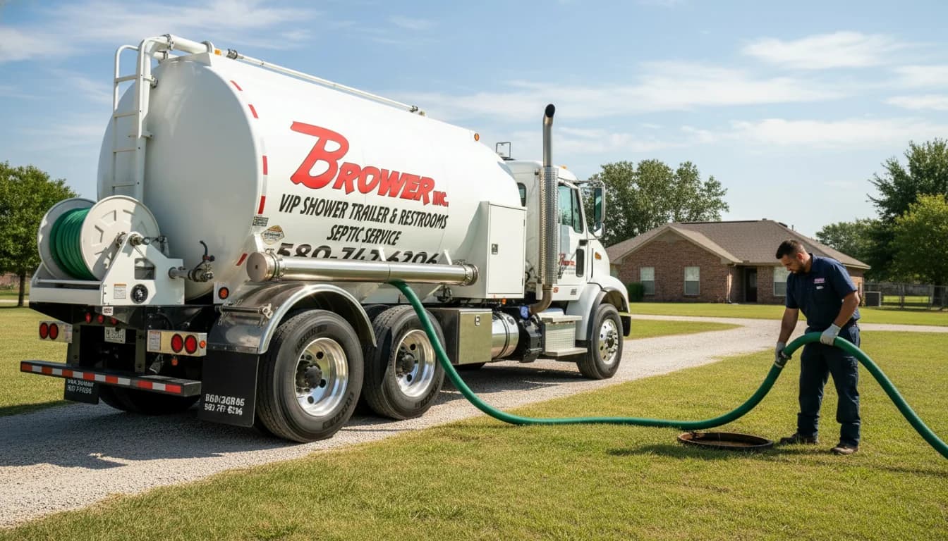 Branded white Brower Inc. vacuum septic pump truck on a gravel residential driveway in rural Oklahoma with a technician operating a green pumping hose into a backyard septic cleanout