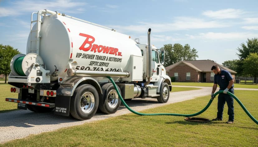 Branded white Brower Inc. vacuum septic pump truck on a gravel residential driveway in rural Oklahoma with a technician operating a green pumping hose into a backyard septic cleanout