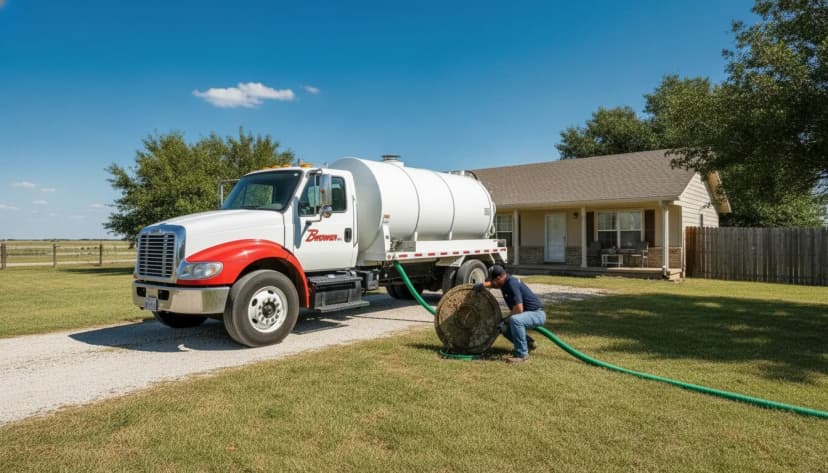Branded white-and-red Brower Inc. vacuum septic pump truck parked beside a weathered rural north-central Oklahoma farmhouse at midday, a navy-uniformed technician lifting the lid on a long-neglected backyard septic tank cleanout