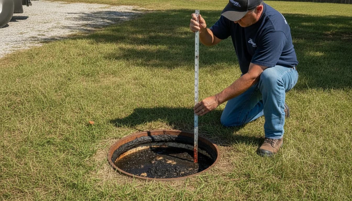 Close-up of a navy-uniformed Brower Inc. technician measuring the thick sludge layer in an overfull residential septic tank with a sludge-depth stick on a rural Oklahoma property in daylight