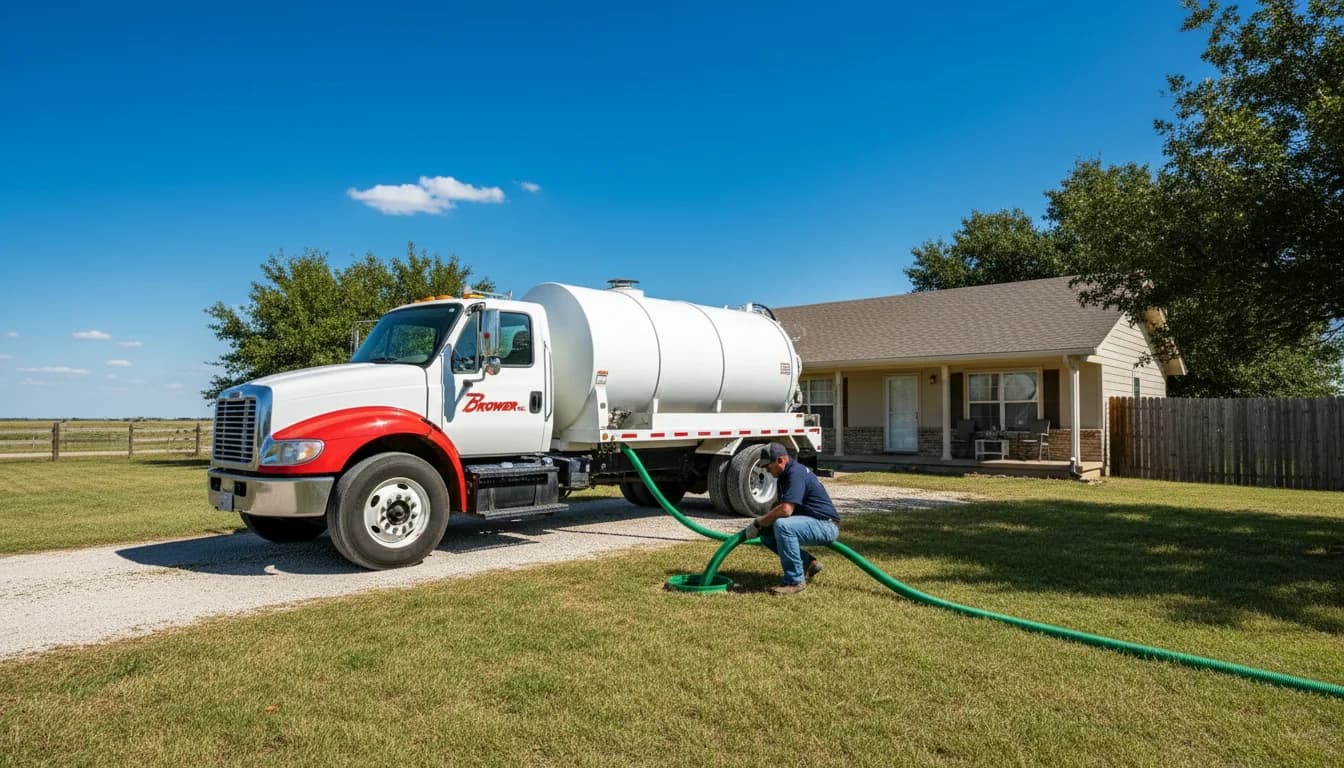 Branded white-and-red Brower Inc. vacuum septic pump truck parked on a gravel driveway beside a rural Oklahoma ranch home in bright midday sunlight, with a navy-uniformed technician operating a green vacuum hose into an open green residential septic cleanout in the front lawn