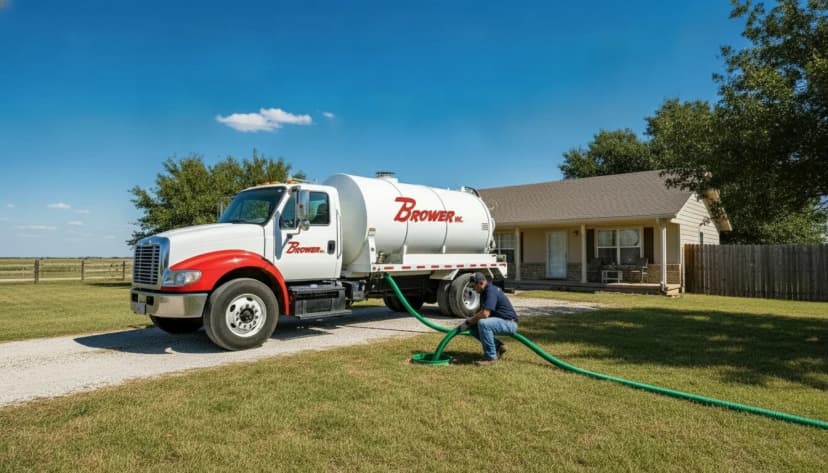 Branded white Brower Inc. vacuum septic pump truck on a gravel residential driveway in rural Oklahoma with a navy-uniformed technician operating a green pumping hose into a backyard septic cleanout