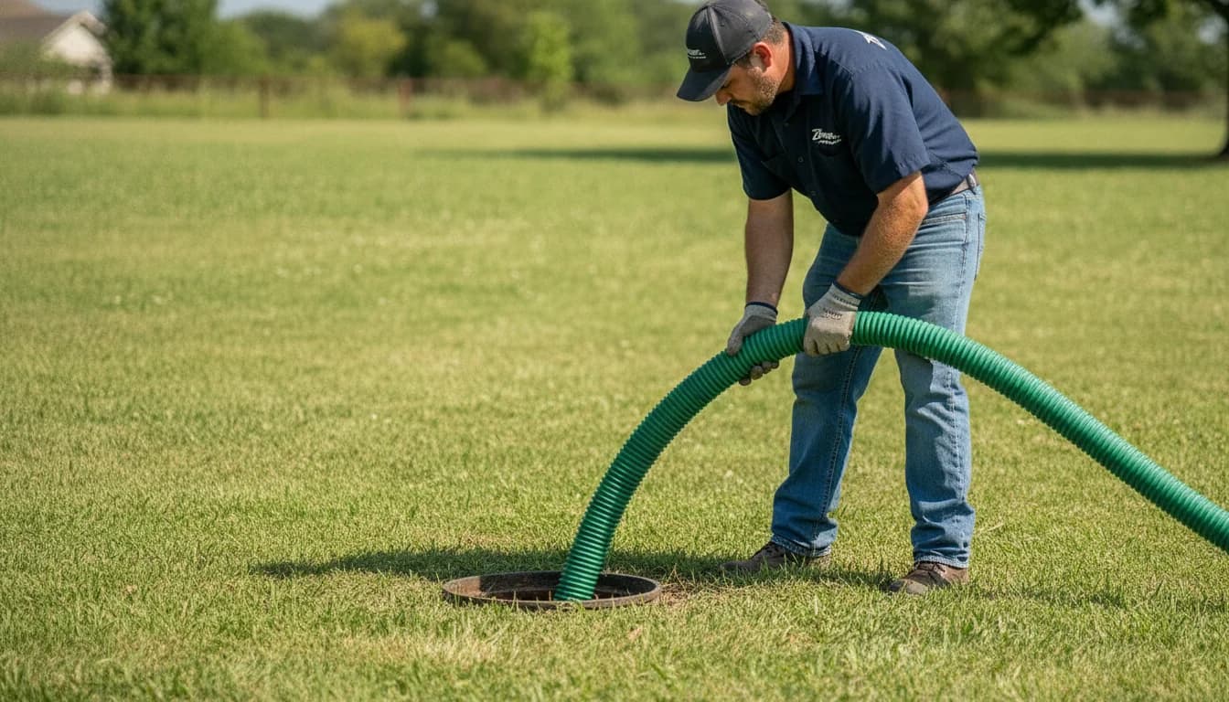Close-up of a navy-uniformed Brower Inc. technician guiding a green vacuum hose into an open residential septic tank cleanout on a rural Oklahoma property in daylight