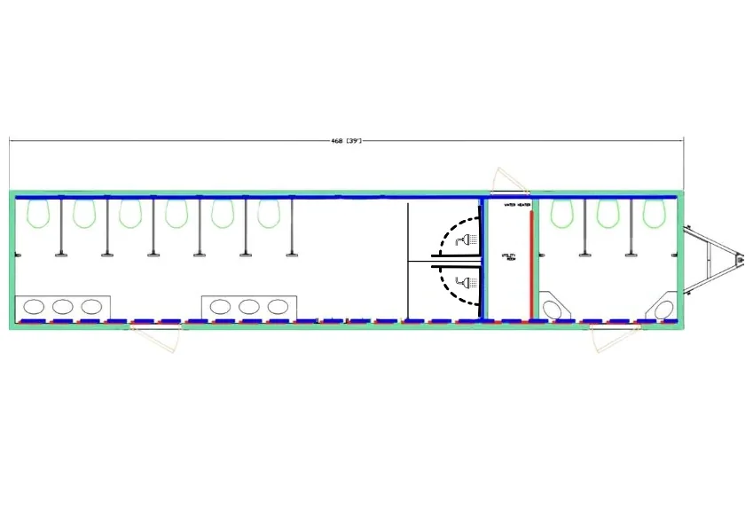 Floor plan layout of Brower Inc. 18-station VIP restroom and shower trailer showing private stalls, sinks, and showers
