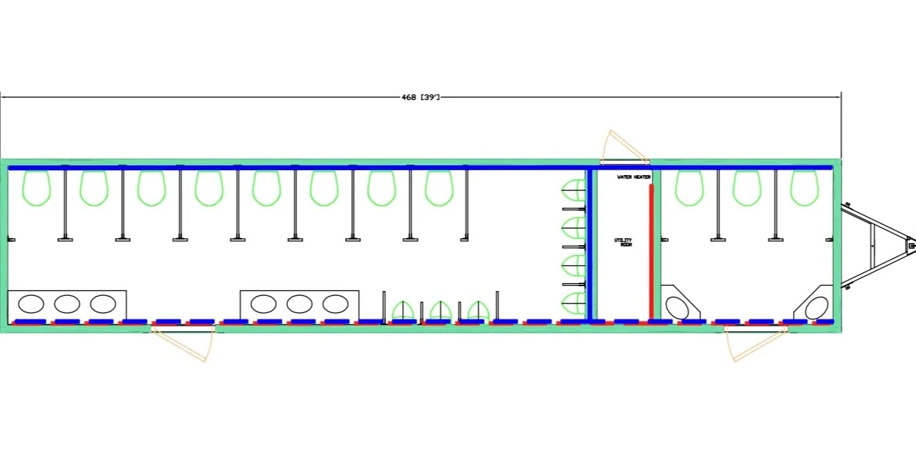Floor plan of Brower Inc. VIP shower and restroom combo trailer showing shower stalls, restroom stalls, and sinks