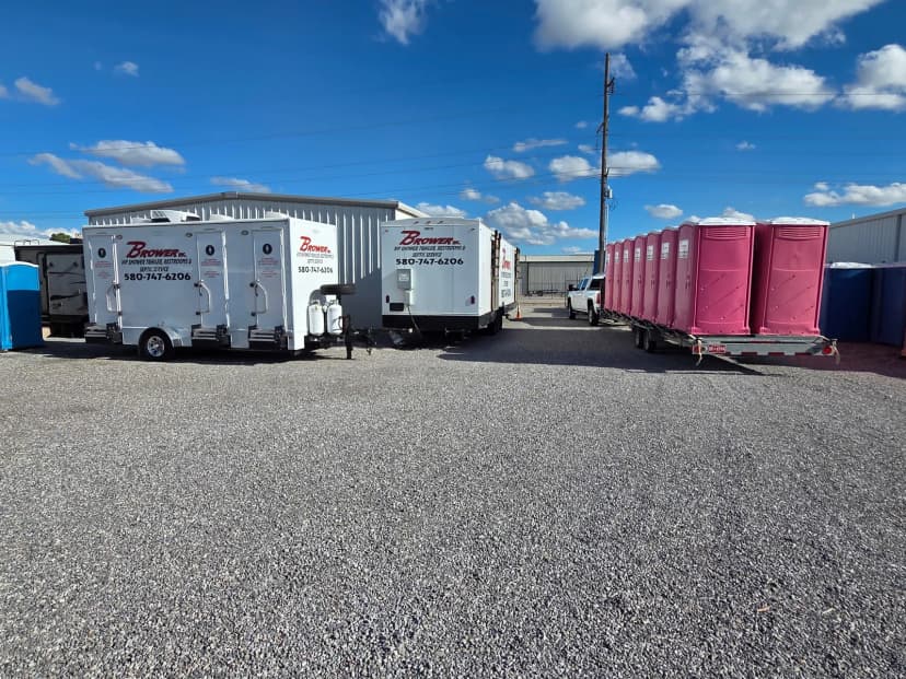 Brower Inc. VIP restroom trailers and portable restrooms staged in the Newkirk, Oklahoma lot