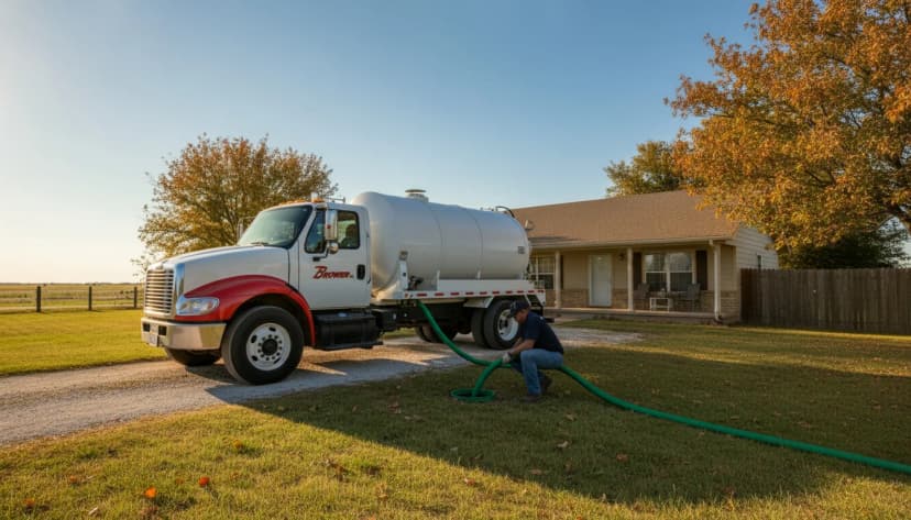 A white Brower Inc. vacuum septic pump truck parked on the lawn of a rural north-central Oklahoma farmhouse in golden autumn light, with a navy-uniformed technician pumping a residential septic tank through an open access lid, fallen leaves on the grass and trees turning gold