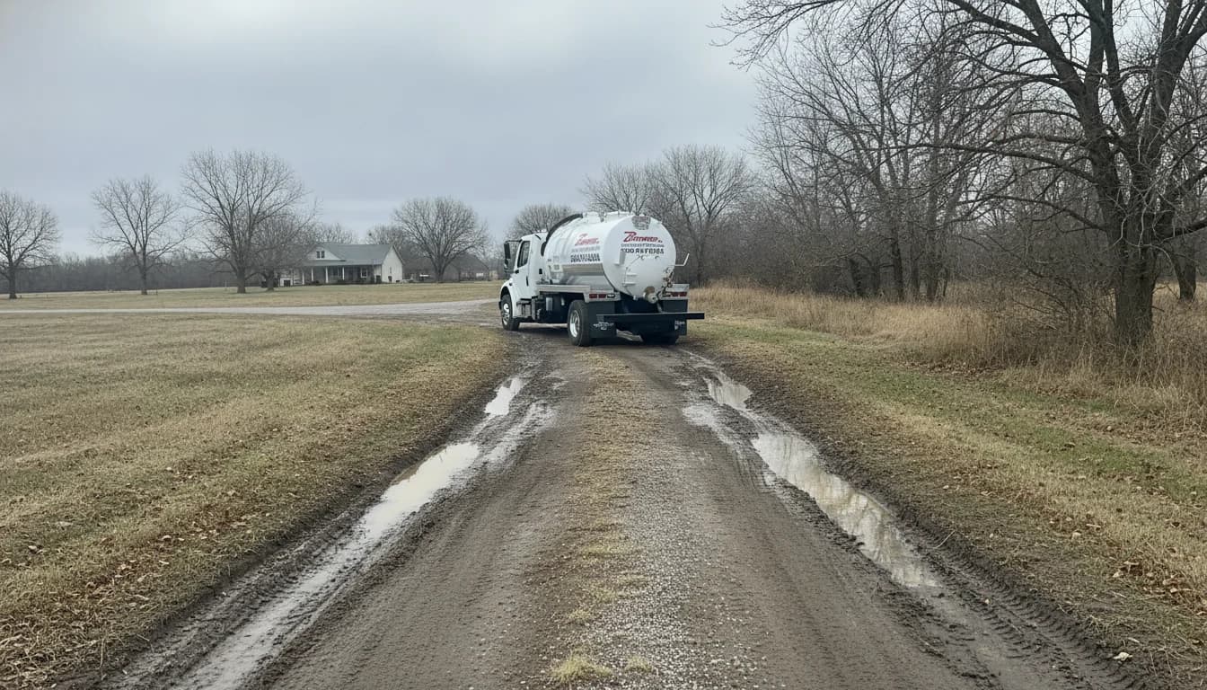 A white Brower Inc. vacuum septic pump truck working up a muddy, deeply rutted rural Oklahoma dirt driveway toward a farmhouse on a cold grey overcast late-autumn day, with bare trees, brown grass and standing water in the wheel ruts